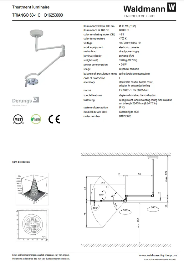 Waldmann TRIANGO LED 60-1 C Minor Procedure Light, 60,000 lux/1 M, 4700K, CRI>93, dimming. With ceiling mount. - Image 4