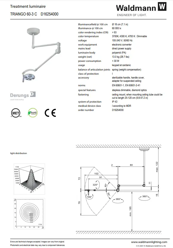 Waldmann TRIANGO LED 60-3 C Minor Procedure Light, 60,000 lux/1 M, color change - 3700K, 4300K and 4700K, CRI>93, dimming. With ceiling mount. - Image 3
