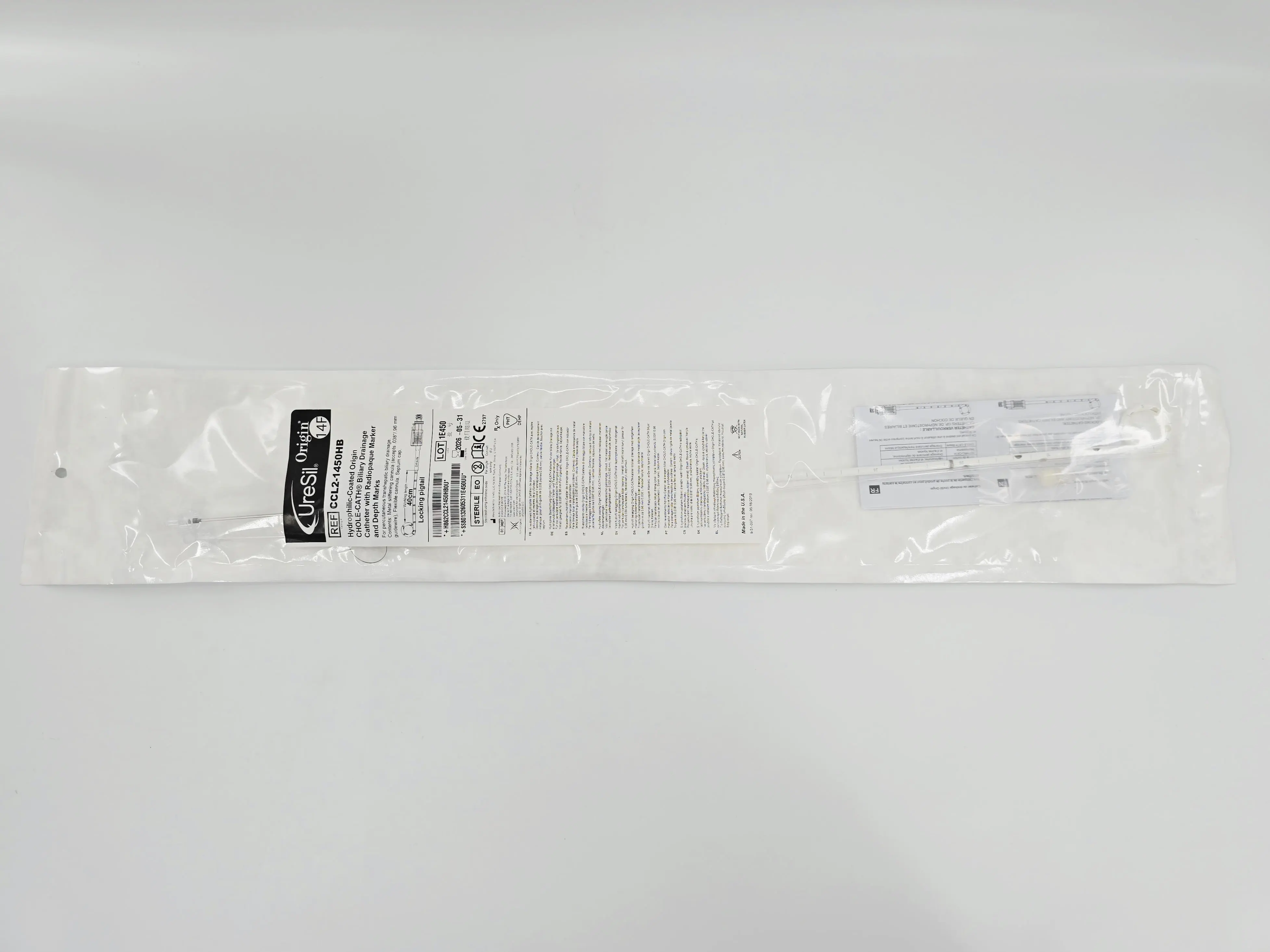 UreSil CCL2-1450HB Hydrophilic Coated Origin CHOLE-CATH Biliary Drainage Catheter w/ Radiopaque Marker and Depth Marks 14F - Image 2