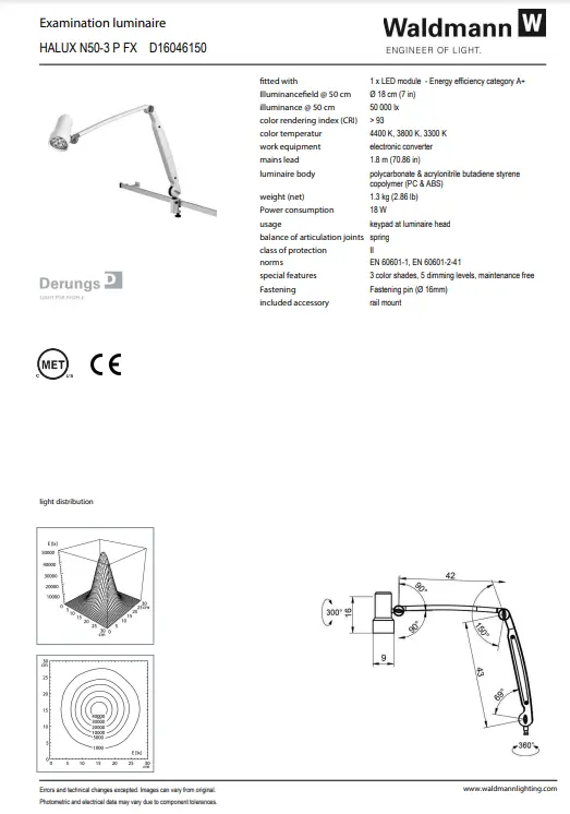 Waldmann HALUX LED N50 Exam Light-3 P FX, Color Change, Dimming, Double Arm - Rail Mount - Image 4