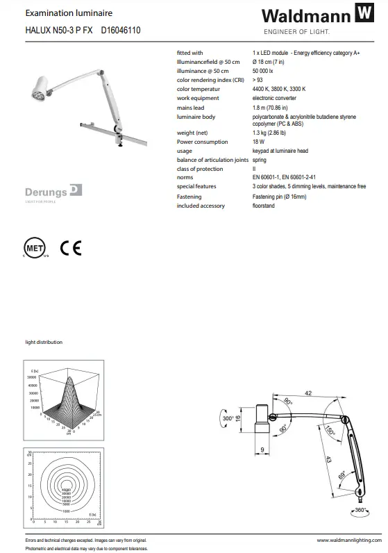 Waldmann HALUX LED N50 Exam Light-3 P FX, Color Change, Dimming, Double Arm - Roller Stand - Image 4