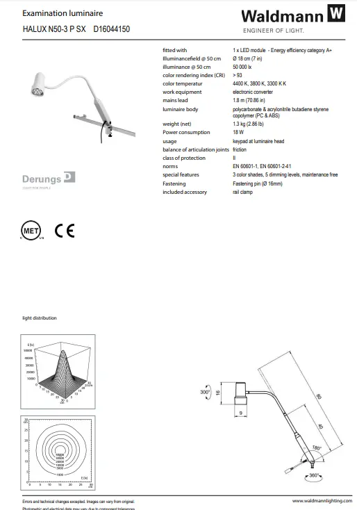 Waldmann HALUX LED N50 Exam Light-3 P SX, Color Changing, Dimming, Gooseneck - Rail Mount - Image 4