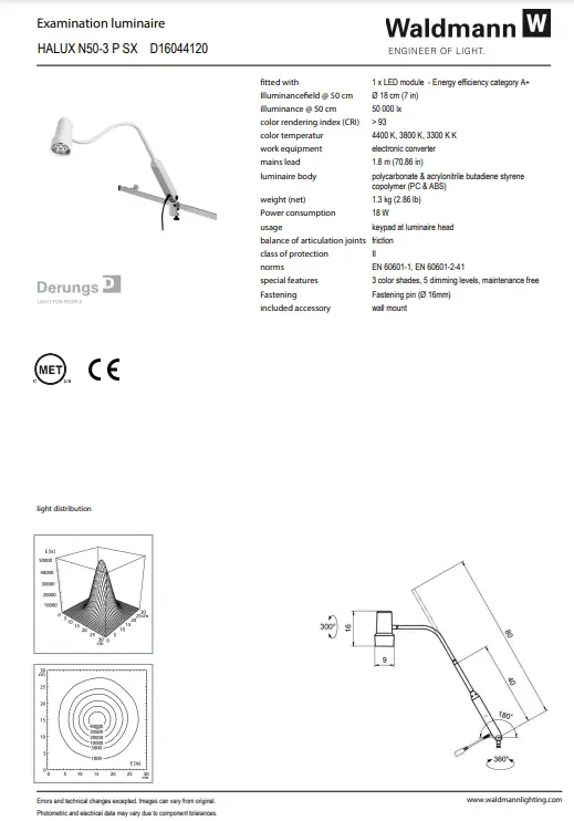 Waldmann HALUX LED N50 Exam Light-3 P SX, Color Changing, Dimming, Gooseneck - Wall Mount - Image 4
