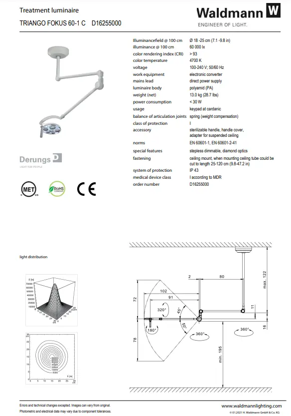Waldmann Triango Fokus LED 601C Minor Procedure Light Ceiling Mount Dimmable - Image 3