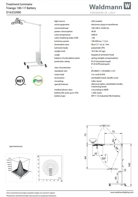 Waldmann Triango LED 1001F Minor Procedure Light with Roller Stand Battery - Image 7