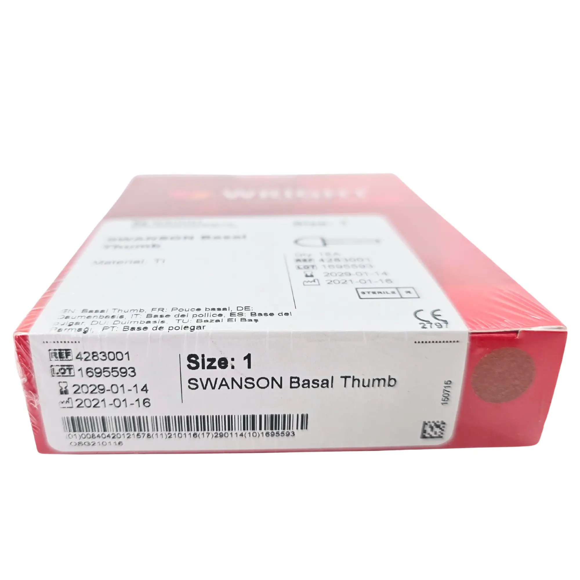 Wright Swanson Basal Thumb Implant 4283001, Size 1, Silicone Arthroplasty