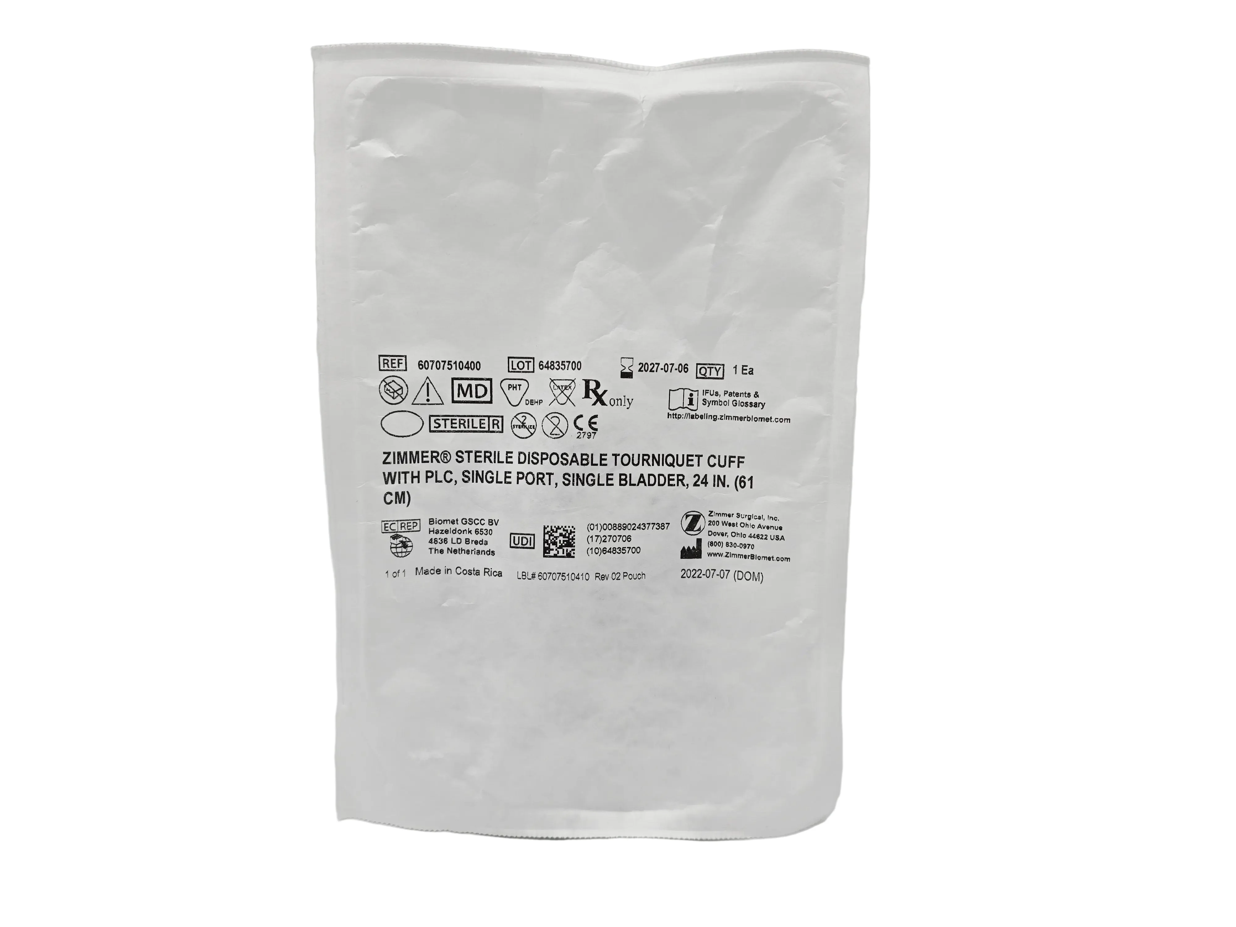 Zimmer 60707510400 Sterile Disposable Tourniquet Cuff 24" Single Port