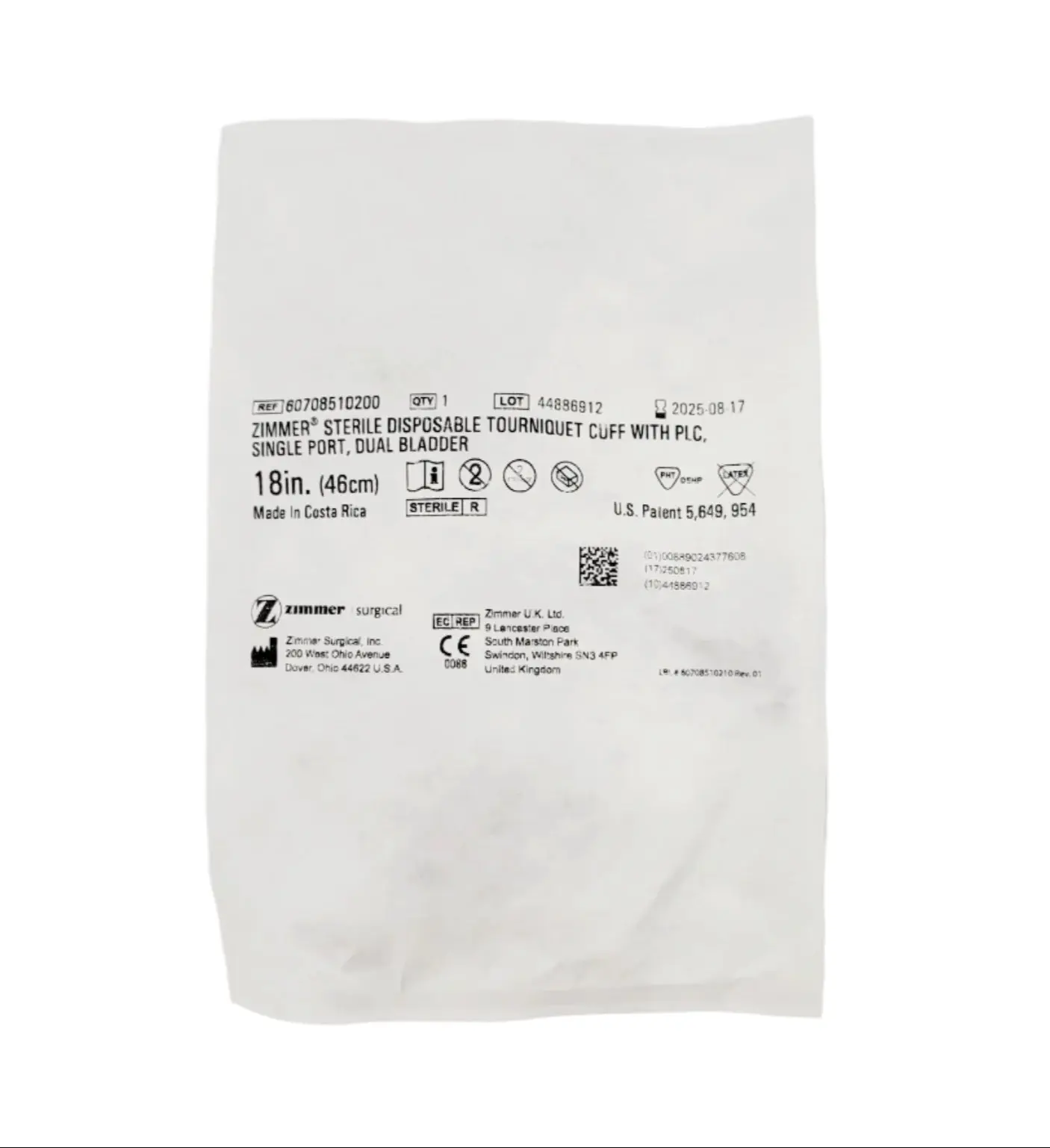 Zimmer 60708510200 Tourniquet Cuff PLC, Dual Port, Single Bladder 18"