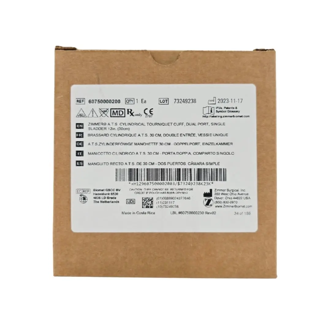 Zimmer 60750000200 A.T.S. Cylindrical Tourniquet Cuff Dual Port Single Bladder 12" 1/EA