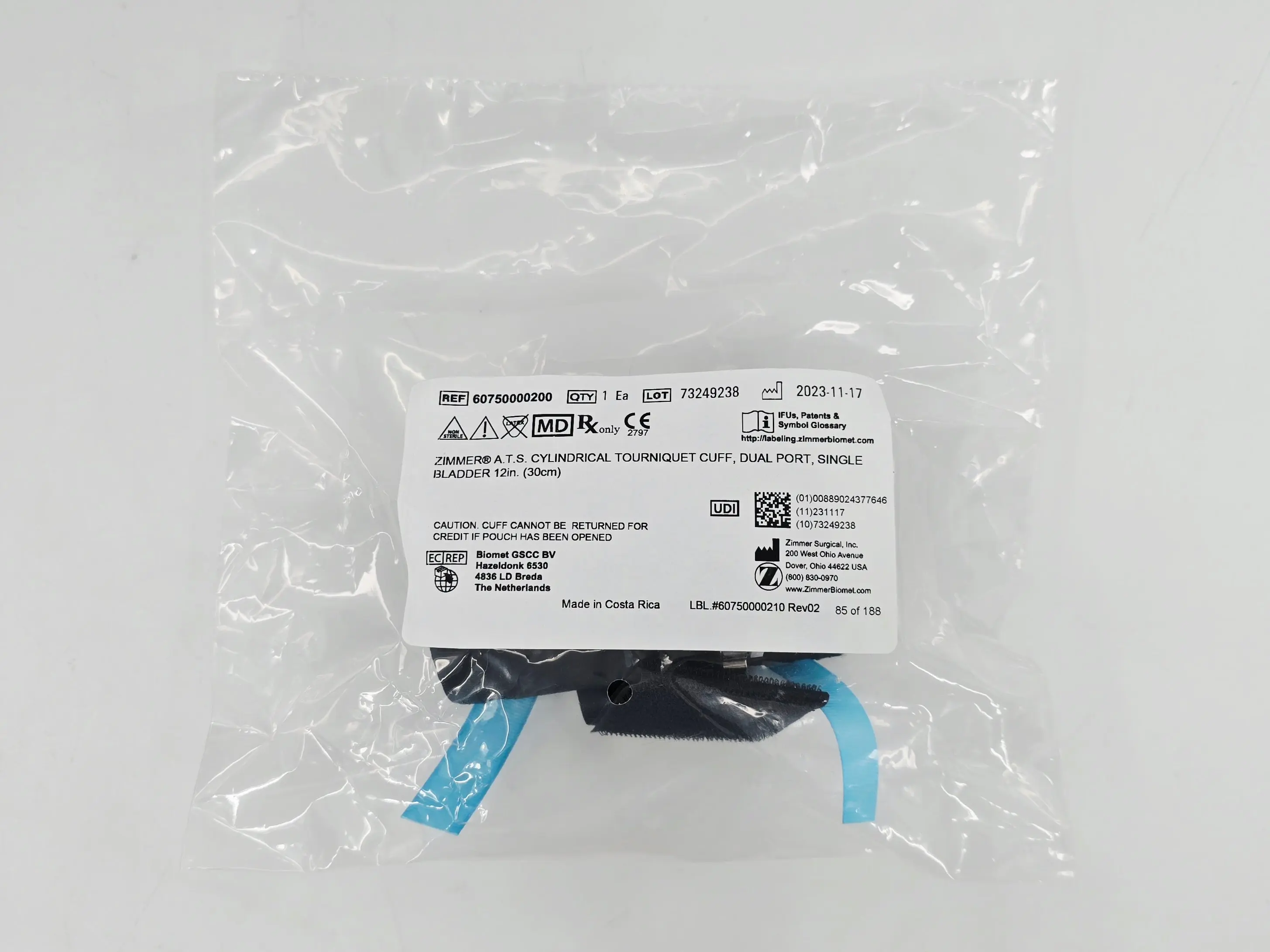 Zimmer 60750000200 A.T.S. Cylindrical Tourniquet Cuff Dual Port Single Bladder 12" 1/EA - Image 2