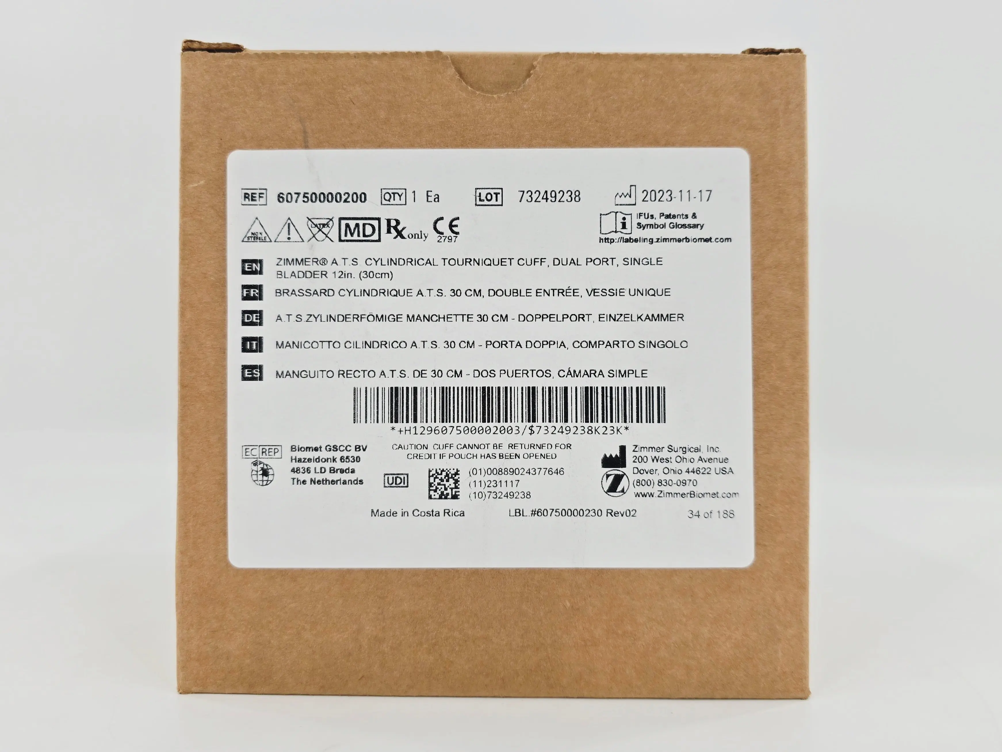 Zimmer 60750000200 A.T.S. Cylindrical Tourniquet Cuff Dual Port Single Bladder 12" 1/EA - Image 3